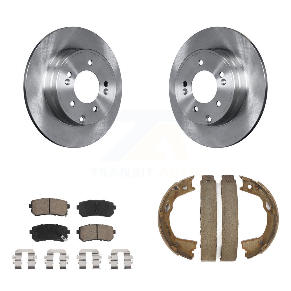 Transit Auto Rear Disc Rotors Ceramic Pads And Parking Brake Shoes Kit For 2016 Kia Optima FULL HYBRID EV-GAS (FHEV) engine