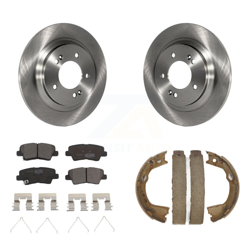 Transit Auto Rear Disc Rotors Ceramic Pads And Parking Brake Shoes Kit For 2016 Kia Optima FULL HYBRID EV-GAS (FHEV) engine With Electric K8T-106104