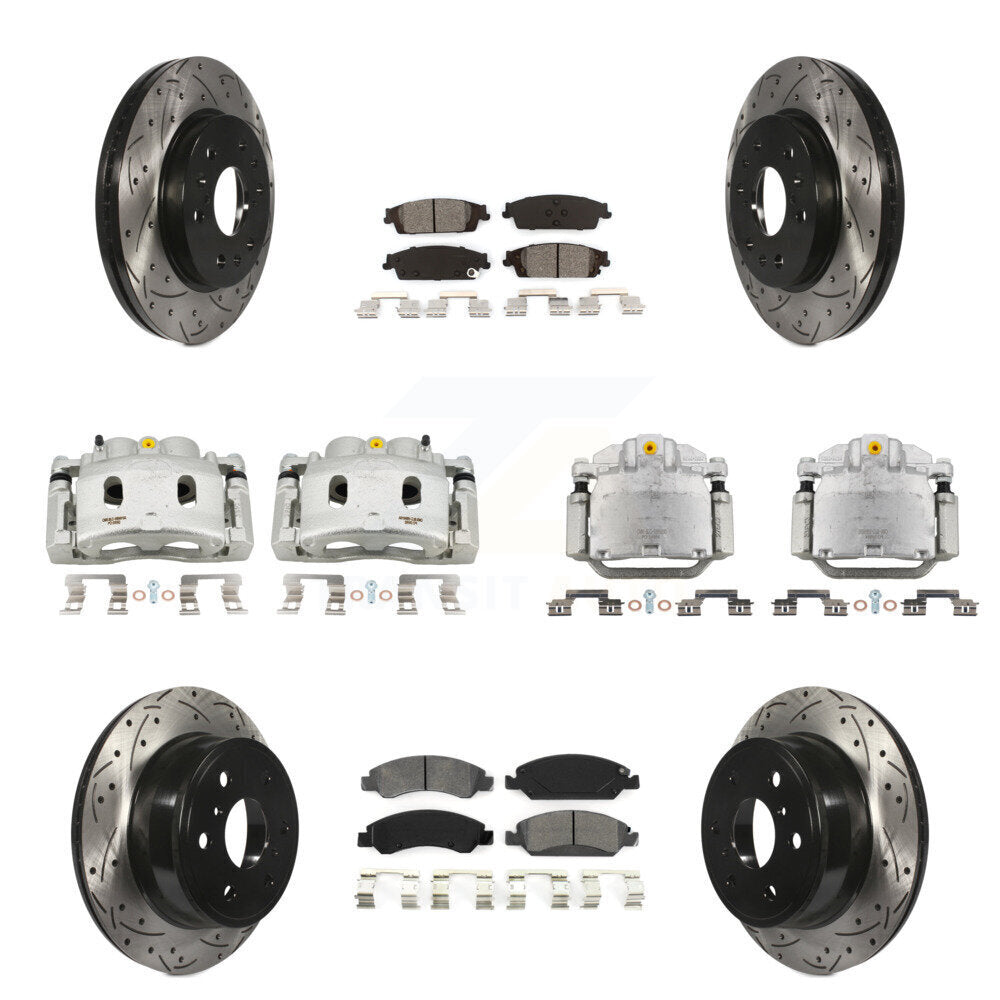 Transit Auto Front Rear Disc Brake Coated Caliper Drilled Slotted Rotor & Semi-Metallic Pad Kit (10Pc) For GMC Chevrolet Sierra 1500 Silverado Tahoe Yukon Cadillac XL Escalade Suburban ESV KCD-100361S