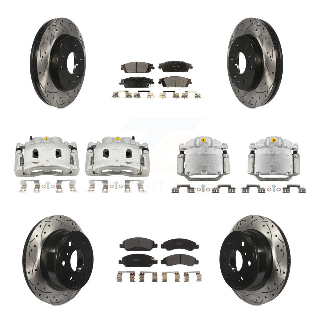 Transit Auto Front Rear Disc Brake Coated Caliper Drilled Slotted Rotor & Semi-Metallic Pad Kit (10Pc) For GMC Chevrolet Sierra 1500 Silverado Tahoe Yukon Cadillac XL Escalade Suburban ESV KCD-100368P