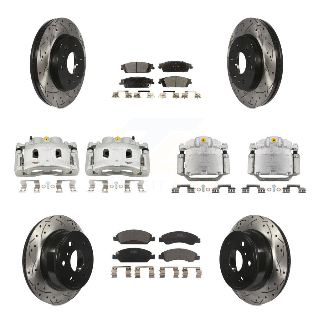 Transit Auto Front Rear Disc Brake Coated Caliper Drilled Slotted Rotors And Ceramic Pads Kit (10Pc) For GMC Chevrolet Sierra 1500 Silverado Tahoe Yukon Cadillac XL Escalade Suburban ESV KCD-100377T