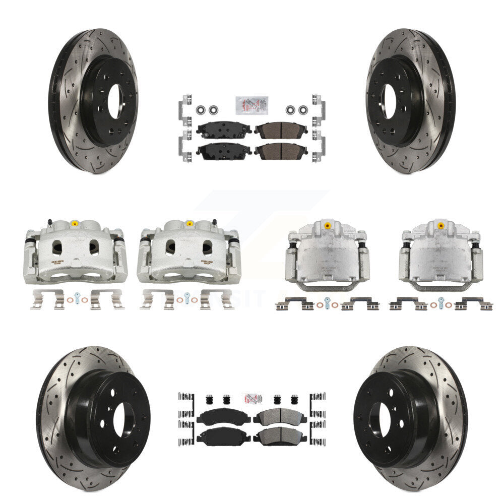 Transit Auto Front Rear Disc Brake Coated Caliper Drilled Slotted Rotor & Semi-Metallic Pad Kit (10Pc) For GMC Chevrolet Sierra 1500 Silverado Tahoe Yukon Cadillac XL Escalade Suburban ESV KCD-100816N