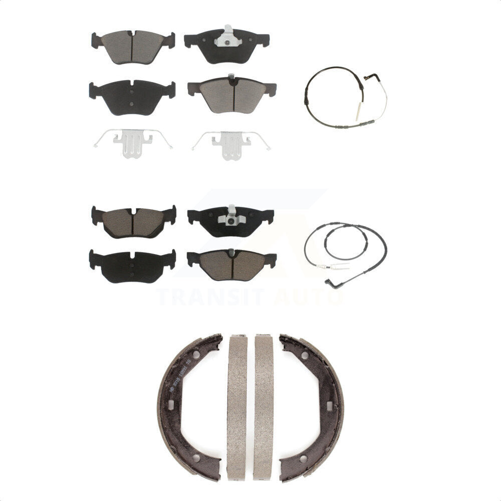 CMX Front Rear Ceramic Disc Brake Pads And Wear Sensor Kit (5Pc) For BMW 328xi 328i KCW-100377 - Product & Packaging View