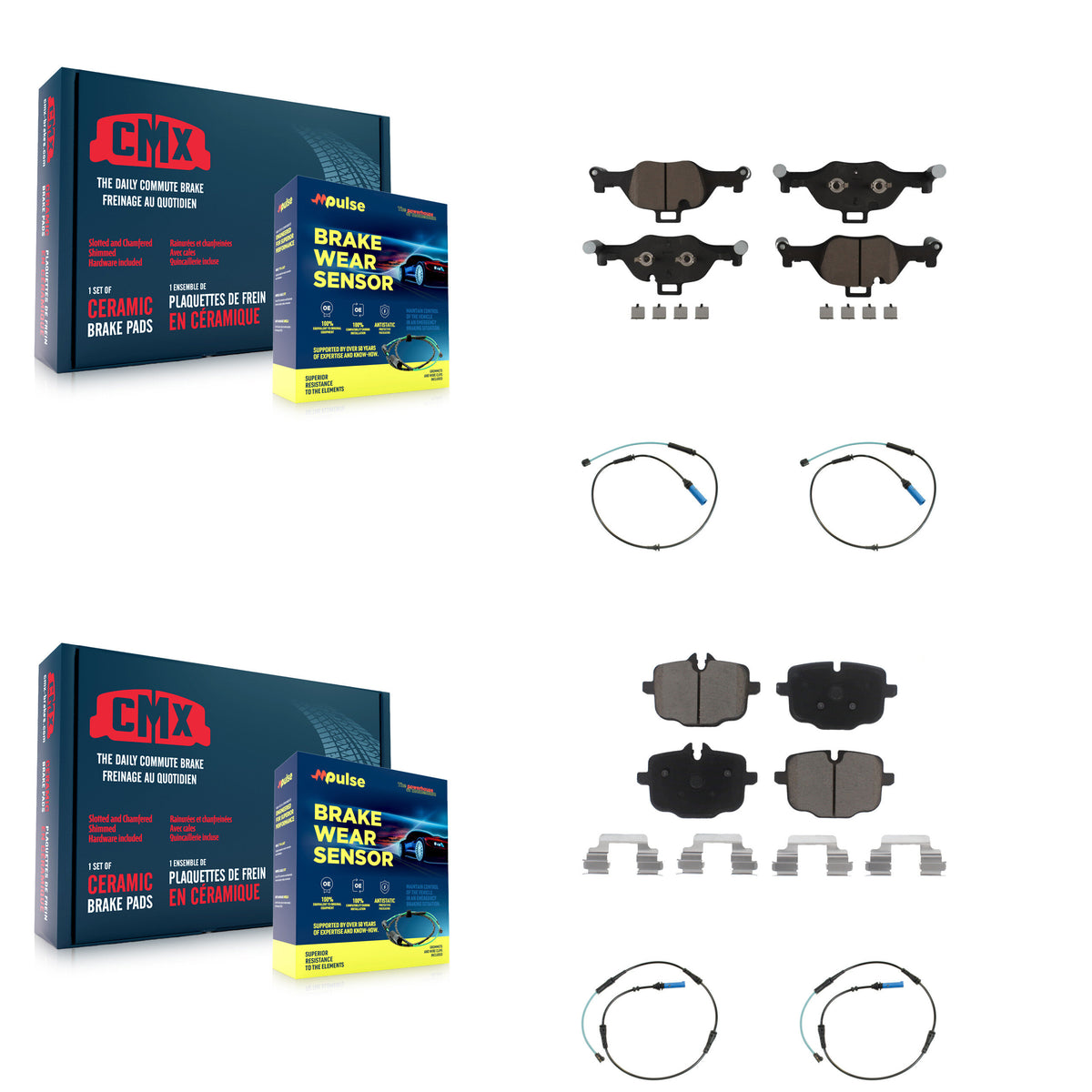 CMX Front Rear Ceramic Disc Brake Pads And Wear Sensors Kit For BMW 540i xDrive Without Blue Painted Calipers KCW-101340