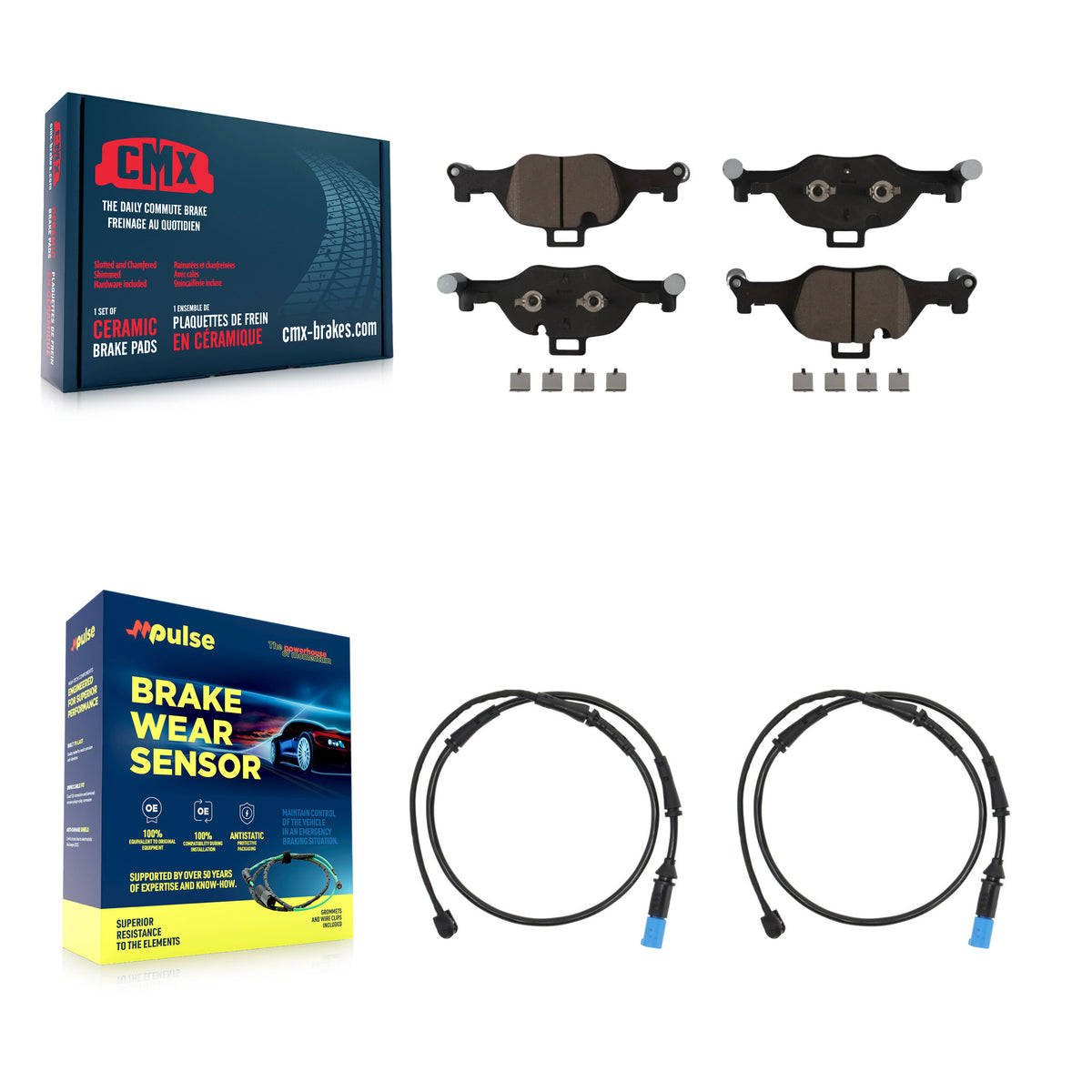 CMX Front Ceramic Disc Brake Pads And Wear Sensor Pairs Kit For BMW X5 X6 KCW-101386 - Product & Packaging View