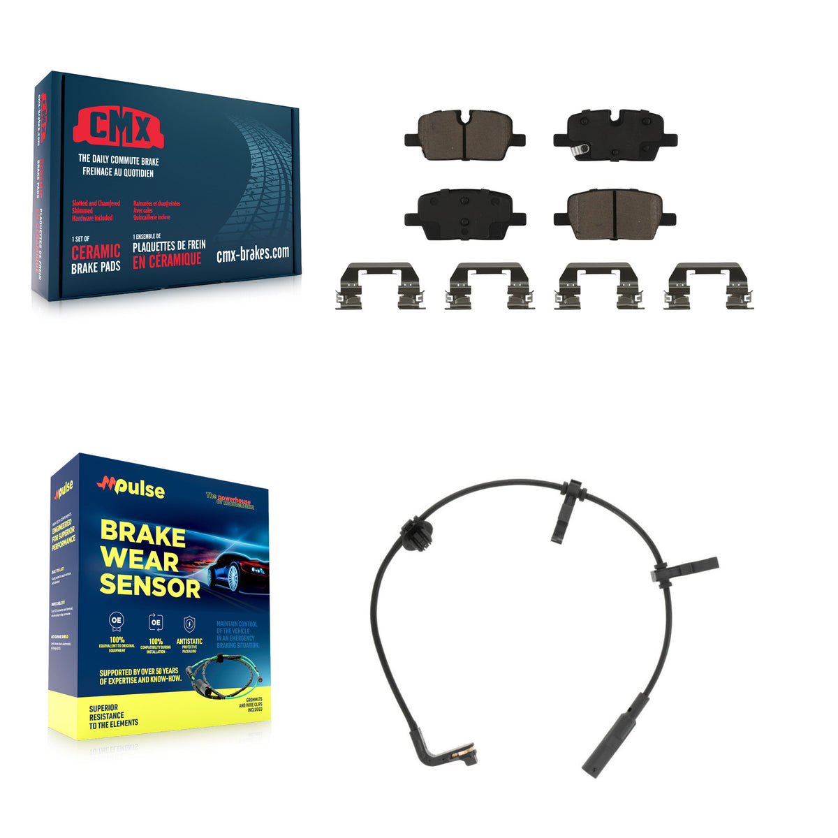 CMX Rear Ceramic Disc Brake Pads And Wear Sensor Kit For Cadillac CT6 KCW-101398 - Product & Packaging View