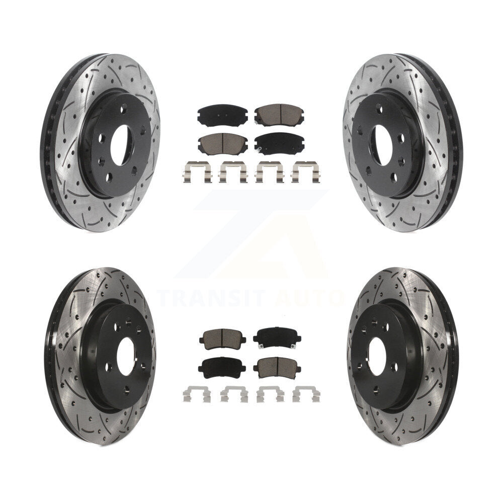 Transit Auto Front Rear Coated Drilled Slotted Disc Brake Rotors And Ceramic Pads Kit For 2013-2015 Chevrolet Malibu Turbocharged With 296mm Diameter Rotor KDC-101984