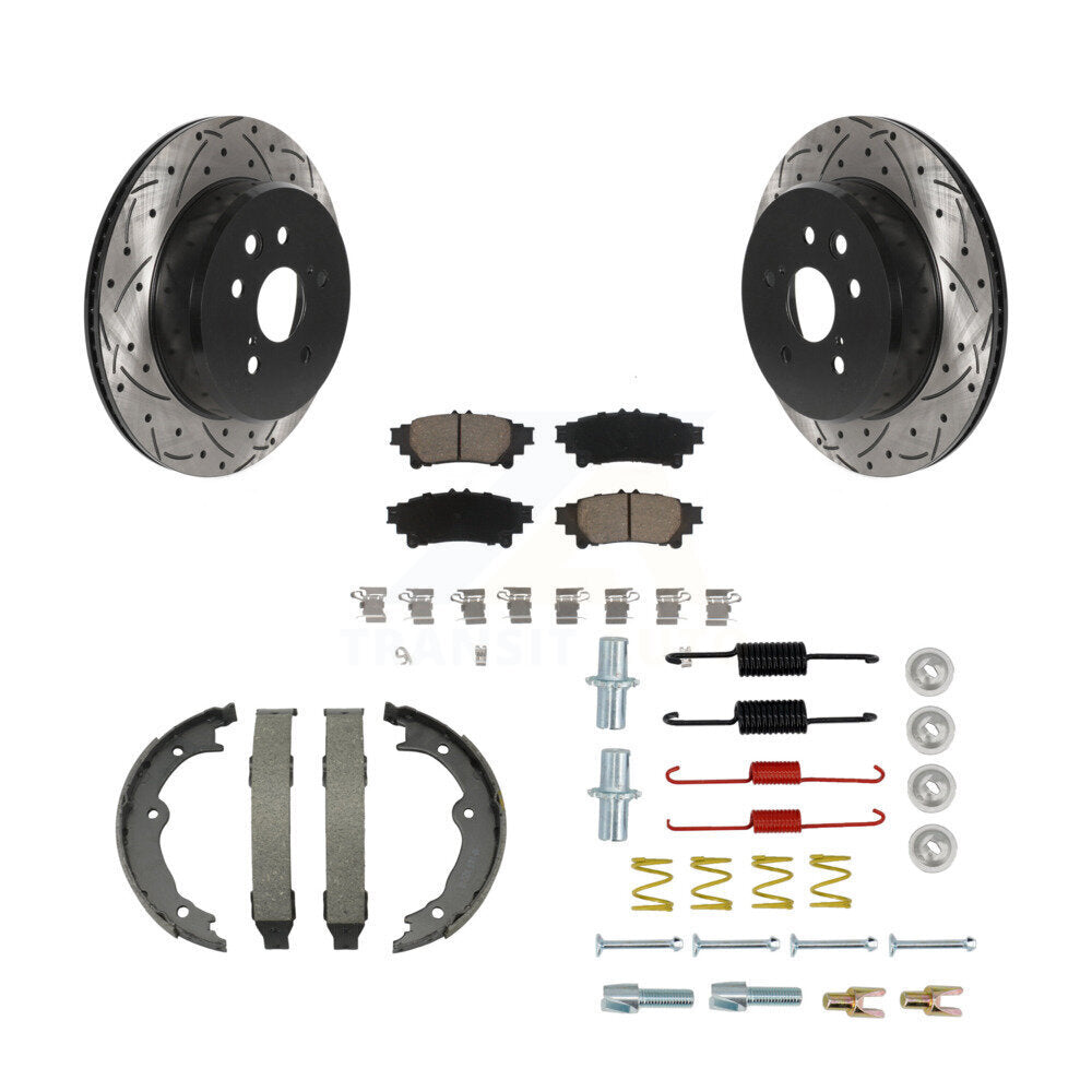 Transit Auto Rear Disc Drilled & Slotted Rotors Ceramic Pads Parking Brake Shoes And Hardware Kit For Lexus IS300 IS350 GS350 RC350 RC300 IS200t GS450h GS300 RC200t GS200t KDC-102000