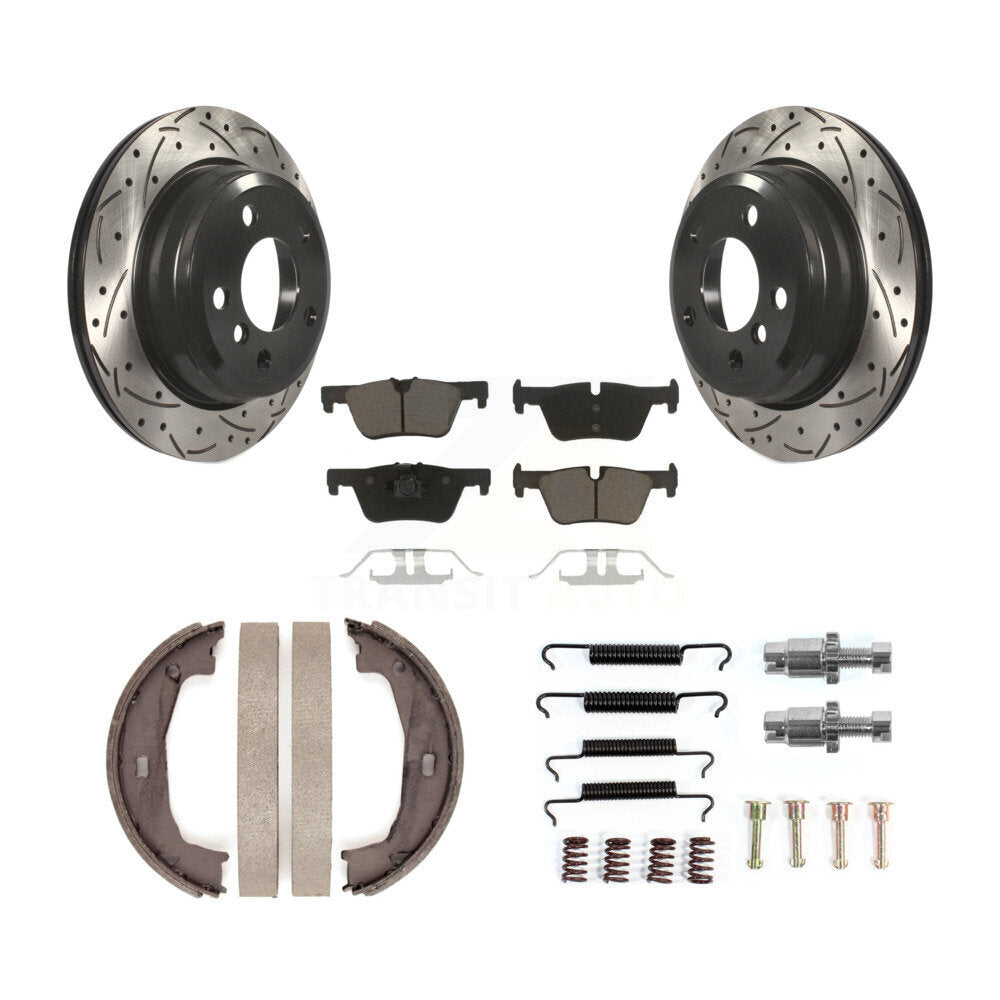 Transit Auto Rear Disc Drilled & Slotted Rotors Ceramic Pads Parking Brake Shoes And Hardware Kit For 2015-2016 BMW 428i xDrive Convertible With 300mm Diameter Rotor KDC-102002