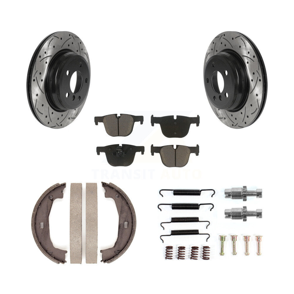 Transit Auto Rear Disc Drilled & Slotted Rotors Ceramic Pads Parking Brake Shoes And Hardware Kit For 2015-2016 BMW 428i xDrive Convertible With 330mm Diameter Rotor KDC-102003