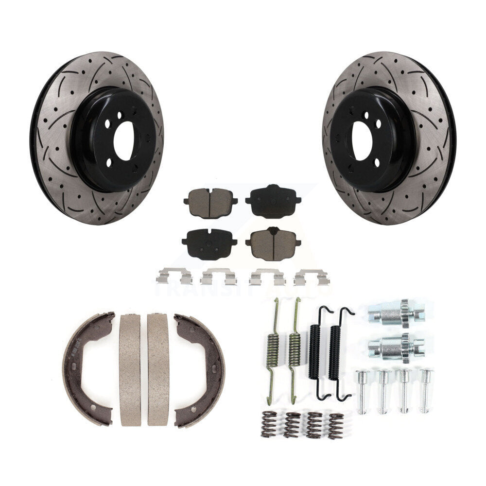 Transit Auto Rear Disc Drilled & Slotted Rotors Ceramic Pads Parking Brake Shoes And Hardware Kit For 2011 BMW 550i xDrive KDC-102004
