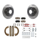 Transit Auto Rear Disc Drilled & Slotted Rotors Ceramic Pads Parking Brake Shoes And Hardware Kit For 2016 Kia Optima FULL HYBRID EV-GAS (FHEV) engine With Manual KDC-102005