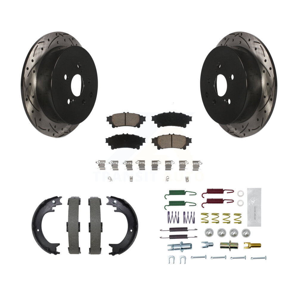 Transit Auto Rear Disc Drilled & Slotted Rotors Ceramic Pads Parking Brake Shoes And Hardware Kit For 2011-2020 Toyota Sienna KDC-102006