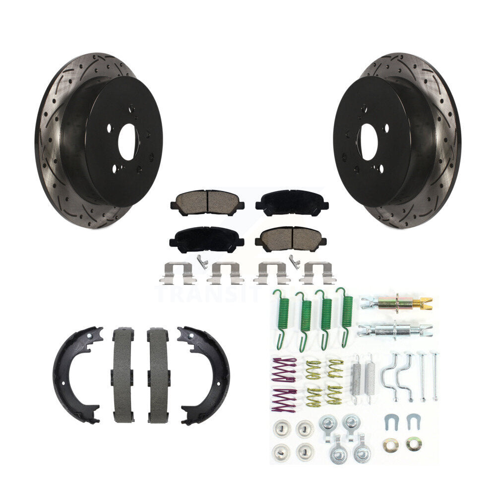 Transit Auto Rear Disc Drilled & Slotted Rotors Ceramic Pads Parking Brake Shoes And Hardware Kit For 2014 Toyota Highlander Hybrid Limited with FULL HYBRID EV-GAS (FHEV) engine KDC-102007