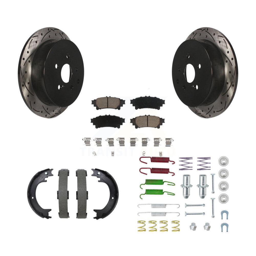 Transit Auto Rear Disc Drilled & Slotted Rotors Ceramic Pads Parking Brake Shoes And Hardware Kit For Toyota Highlander KDC-102008
