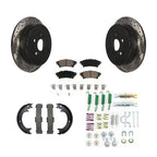 Transit Auto Rear Disc Drilled & Slotted Rotors Ceramic Pads Parking Brake Shoes And Hardware Kit For 2014 Toyota Highlander Hybrid LE XLE with FULL HYBRID EV-GAS (FHEV) engine KDC-102009