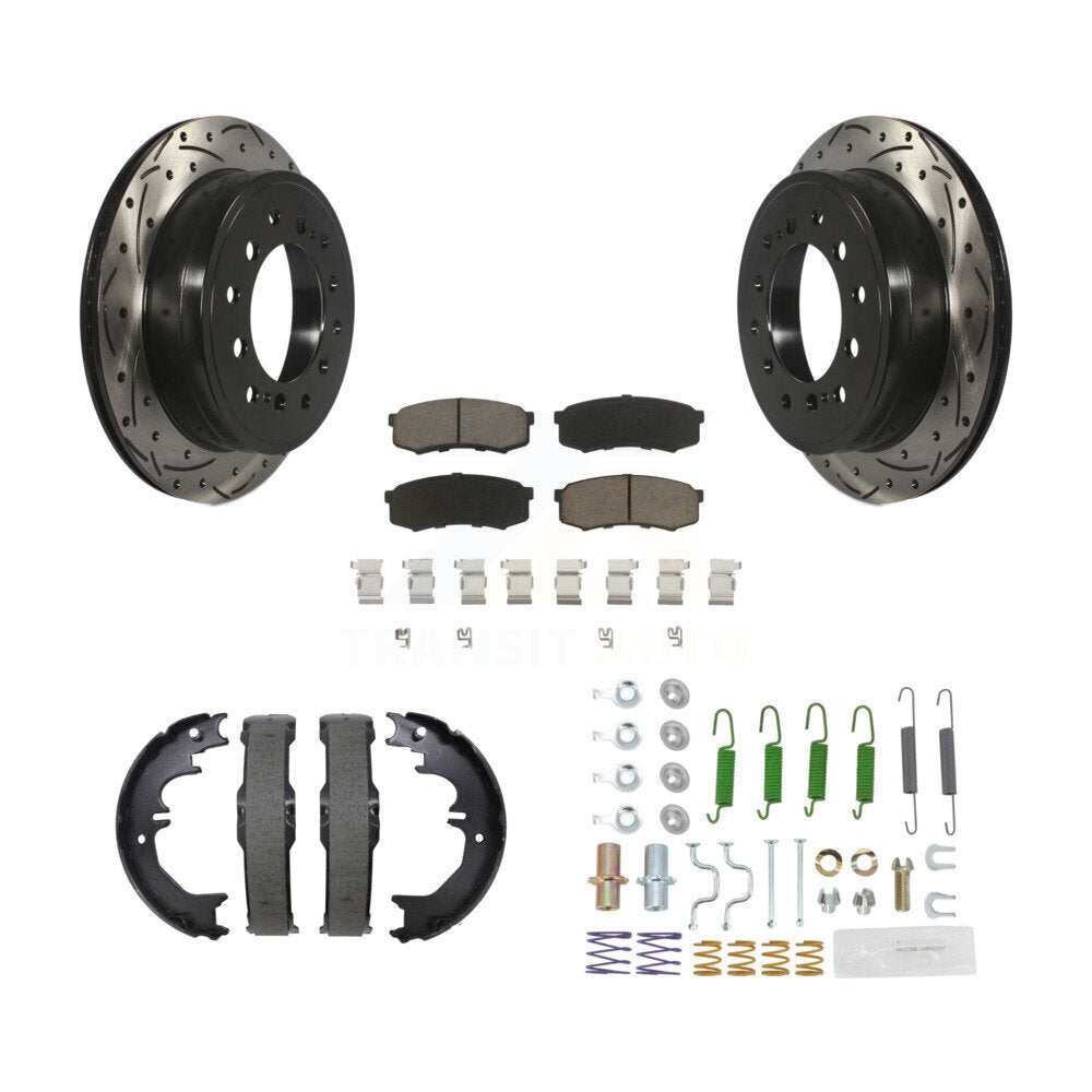 Transit Auto Rear Disc Drilled & Slotted Rotors Ceramic Pads Parking Brake Shoes And Hardware Kit For Toyota 4Runner Lexus GX460 FJ Cruiser KDC-102010