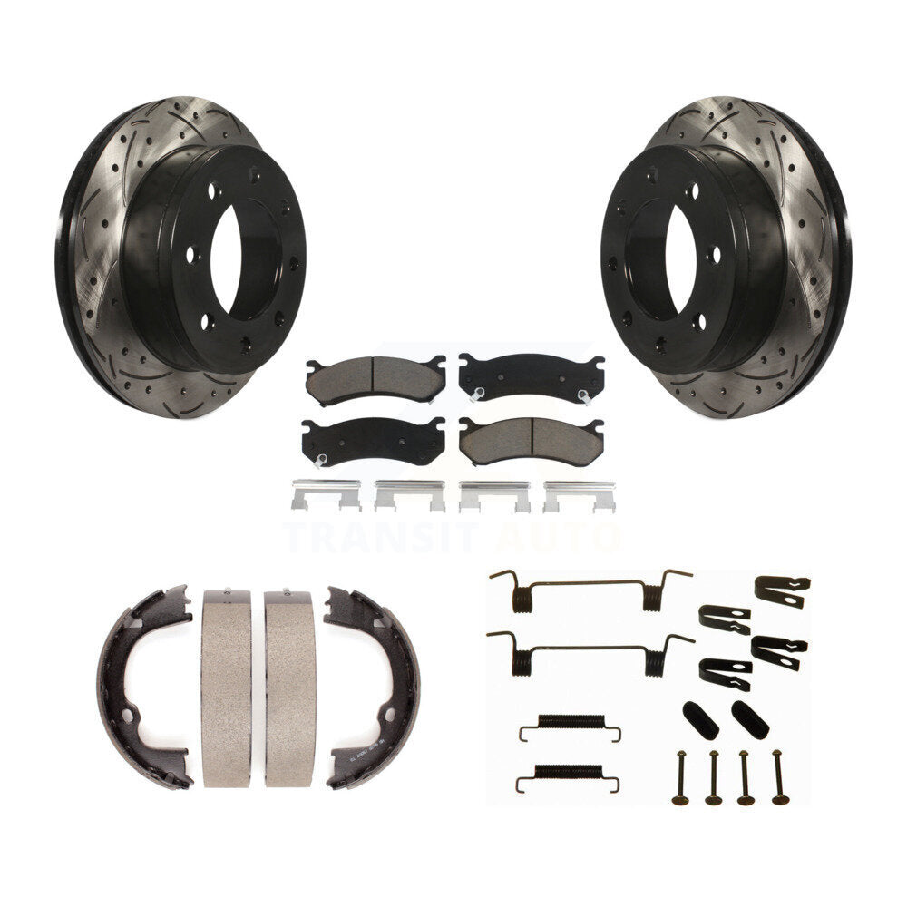 Transit Auto Rear Disc Drilled & Slotted Rotors Ceramic Pads Parking Brake Shoes And Hardware Kit For 2008-2009 Hummer H2 KDC-102011