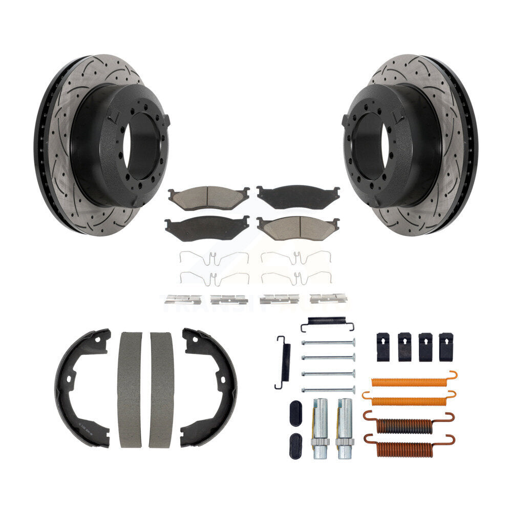 Transit Auto Rear Disc Drilled & Slotted Rotors Ceramic Pads Parking Shoes Hardware Kit For 2013 Ford F-450 Super Duty With 10 Lug Wheels Drum In Hat Brake Cab Chassis Only KDC-102012