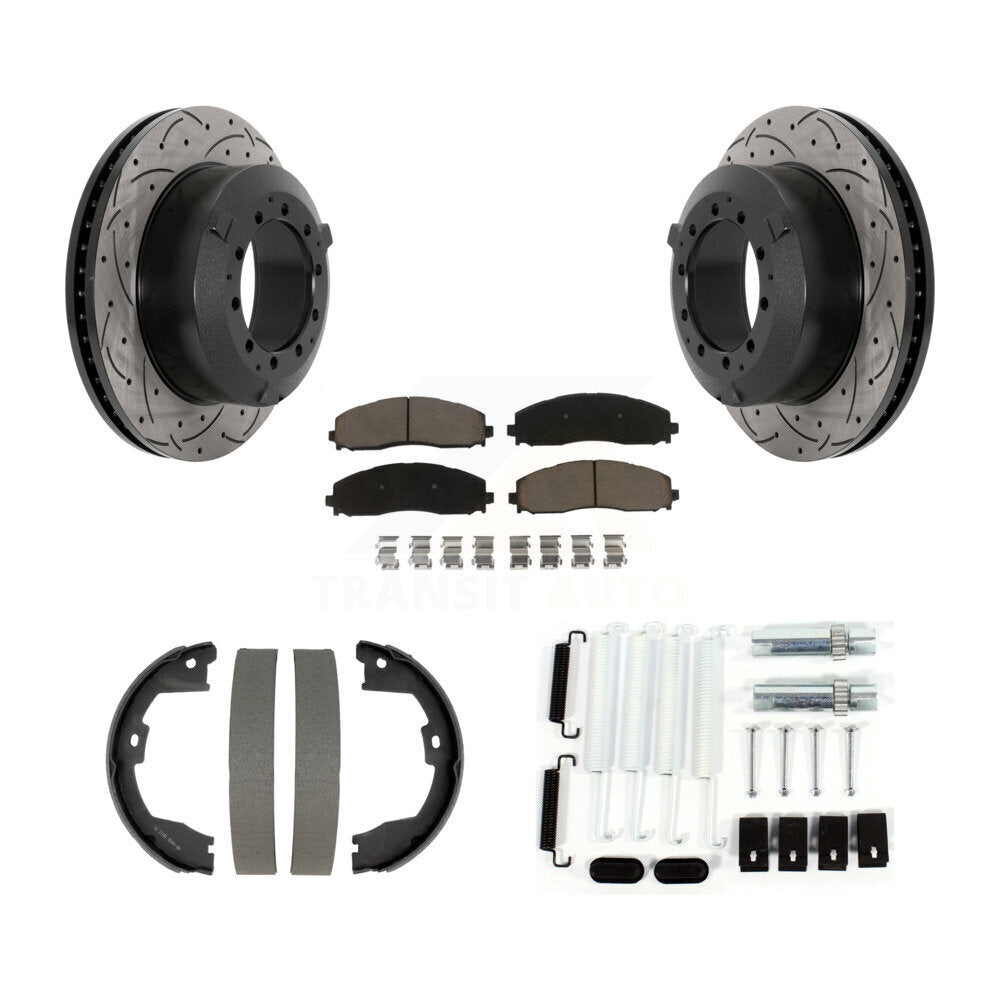 Transit Auto Rear Disc Drilled & Slotted Rotors Ceramic Pads Parking Brake Shoes And Hardware Kit For 2015-2016 Ford F-350 Super Duty Cab Chassis KDC-102014