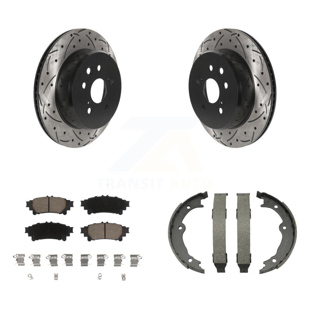Transit Auto Rear Disc Drilled & Slotted Rotors Ceramic Pads And Parking Brake Shoes Kit For Lexus IS300 IS350 GS350 RC350 RC300 IS200t GS450h GS300 RC200t GS200t KDC-102015