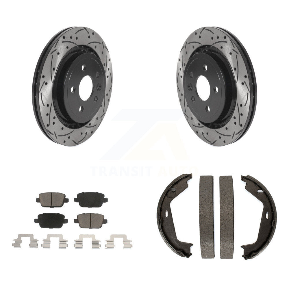 Transit Auto Rear Disc Drilled & Slotted Rotors Ceramic Pads And Parking Brake Shoes Kit For 2007-2009 Volvo S80 FWD With Vented Rotor KDC-102016