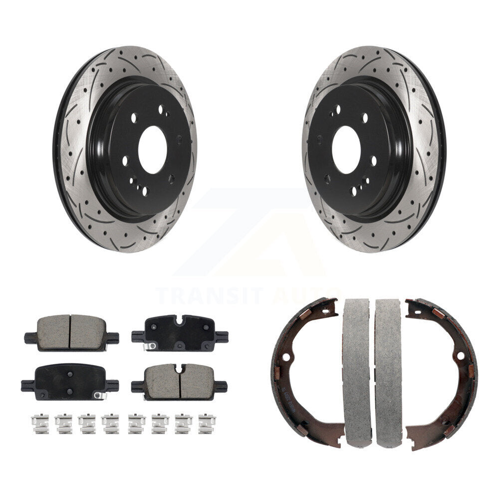 Transit Auto Rear Disc Drilled & Slotted Rotors Ceramic Pads And Parking Brake Shoes Kit For 2021-2024 GMC Yukon XL With Electric KDC-102020