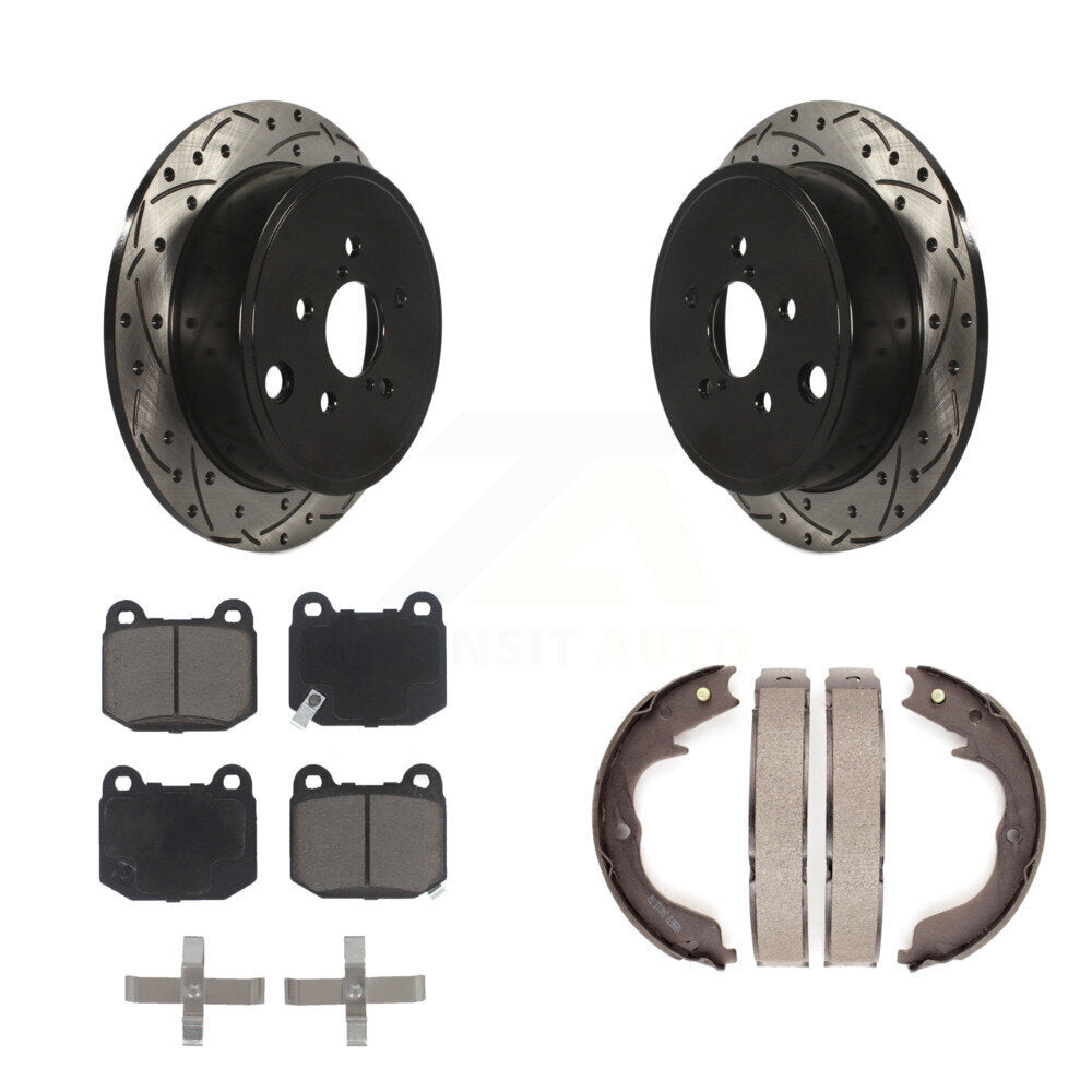 Transit Auto Rear Disc Drilled & Slotted Rotors Ceramic Pads And Parking Brake Shoes Kit For 2014 Subaru WRX With 17" Factory Wheels KDC-102021
