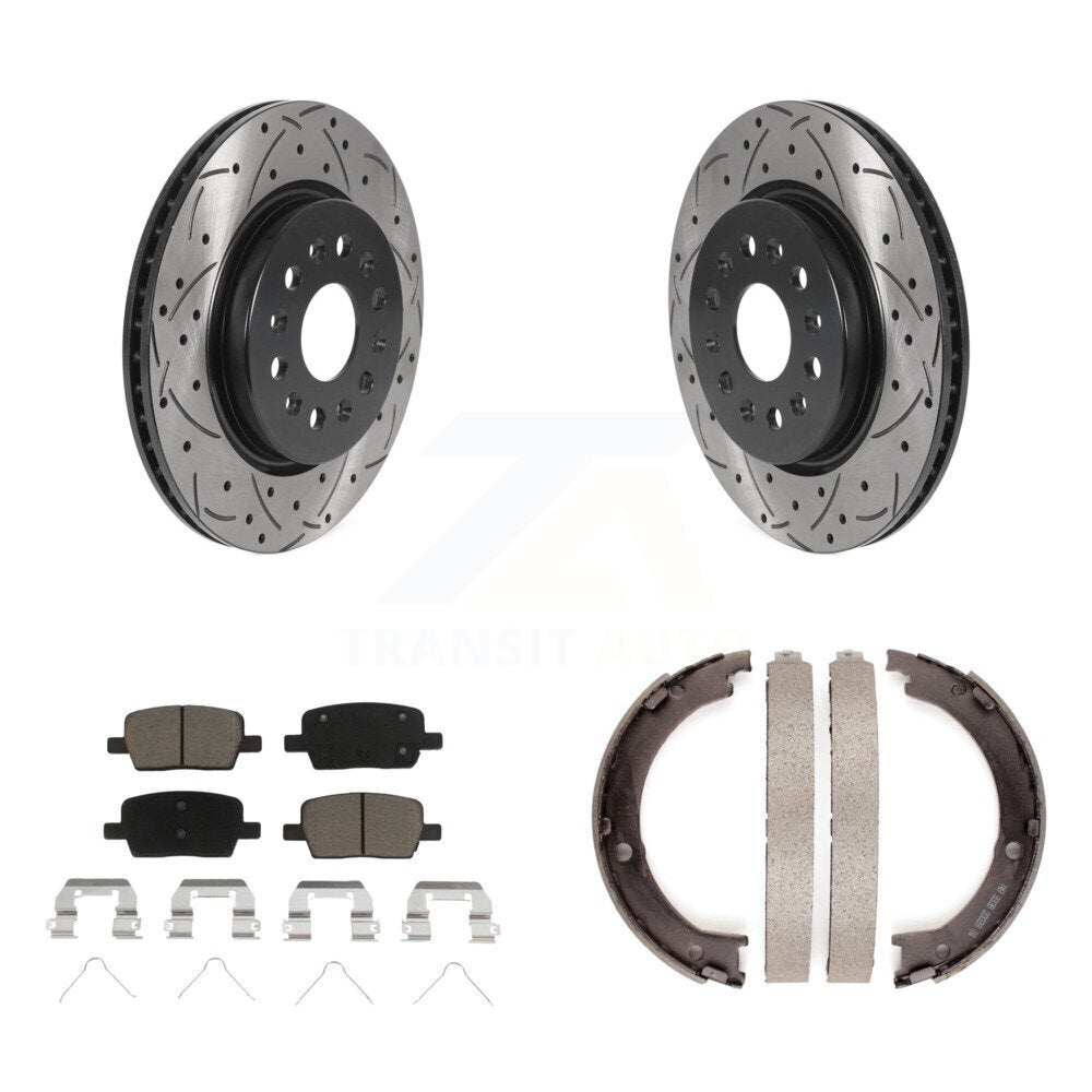 Transit Auto Rear Disc Drilled & Slotted Rotors Ceramic Pads And Parking Brake Shoes Kit For 2017 GMC Acadia KDC-102023