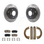Transit Auto Rear Disc Drilled & Slotted Rotors Ceramic Pads And Parking Brake Shoes Kit For 2016 Kia Optima FULL HYBRID EV-GAS (FHEV) engine With Manual KDC-102024