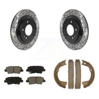 Transit Auto Rear Disc Drilled & Slotted Rotors Ceramic Pads And Parking Brake Shoes Kit For 2016 Kia Optima FULL HYBRID EV-GAS (FHEV) engine With Electric KDC-102025