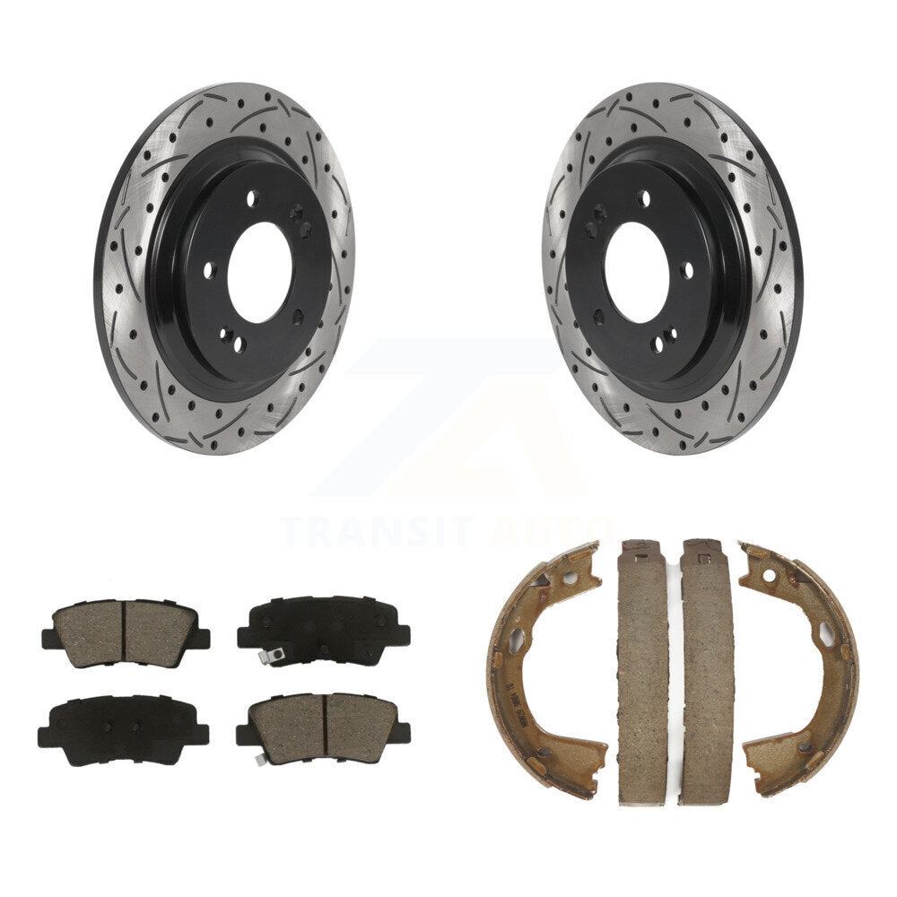 Transit Auto Rear Disc Drilled & Slotted Rotors Ceramic Pads And Parking Brake Shoes Kit For 2016 Kia Optima FULL HYBRID EV-GAS (FHEV) engine With Electric KDC-102025