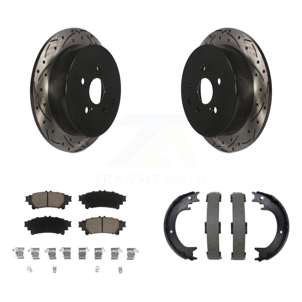 Transit Auto Rear Disc Drilled & Slotted Rotors Ceramic Pads And Parking Brake Shoes Kit For Toyota Sienna Highlander Lexus RX350 RX450h KDC-102026