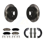 Transit Auto Rear Disc Drilled & Slotted Rotors Ceramic Pads And Parking Brake Shoes Kit For 2014 Toyota Highlander Hybrid Limited with FULL HYBRID EV-GAS (FHEV) engine KDC-102027