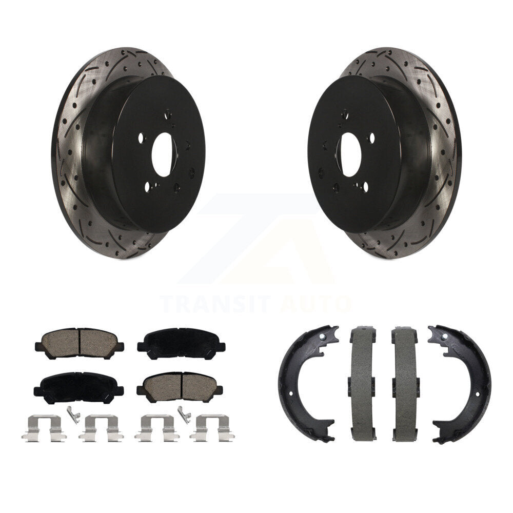 Transit Auto Rear Disc Drilled & Slotted Rotors Ceramic Pads And Parking Brake Shoes Kit For 2014 Toyota Highlander Hybrid Limited with FULL HYBRID EV-GAS (FHEV) engine KDC-102027