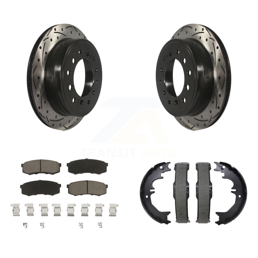 Transit Auto Rear Disc Drilled & Slotted Rotors Ceramic Pads And Parking Brake Shoes Kit For Toyota 4Runner Lexus GX460 FJ Cruiser KDC-102028