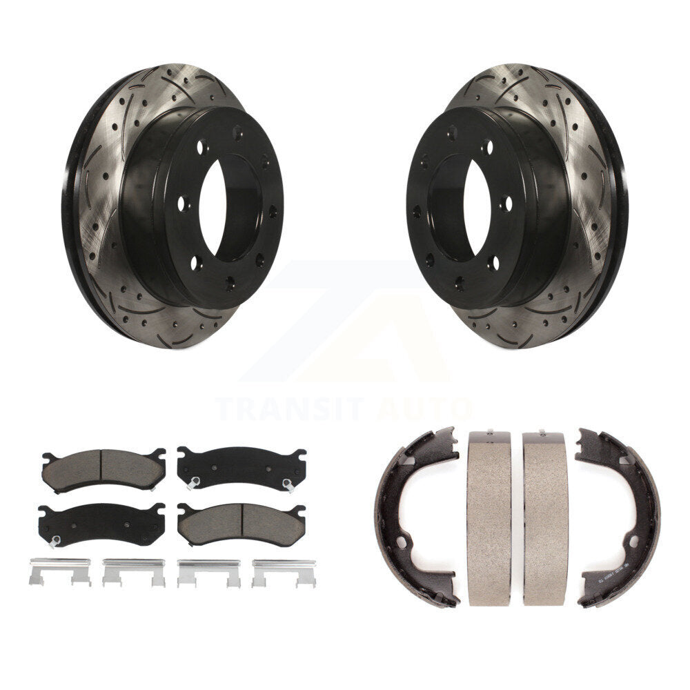 Transit Auto Rear Disc Drilled & Slotted Rotors Ceramic Pads And Parking Brake Shoes Kit For 2008-2009 Hummer H2 KDC-102029