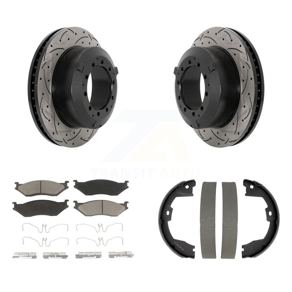 Transit Auto Rear Disc Drilled & Slotted Rotors Ceramic Pads And Parking Brake Shoes Kit For 2013-2014 Ford F-450 Super Duty Crew Cab Pickup With 10 Lug Wheels KDC-102030