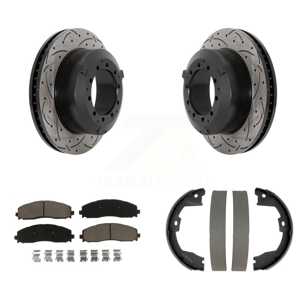 Transit Auto Rear Disc Drilled & Slotted Rotors Ceramic Pads And Parking Brake Shoes Kit For 2015-2016 Ford F-350 Super Duty Cab Chassis KDC-102032