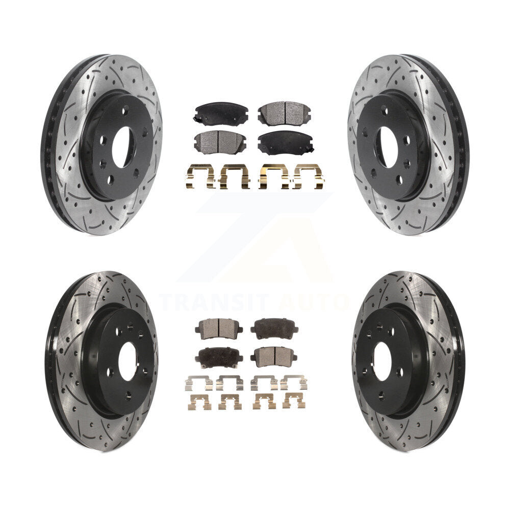 Transit Auto Front Rear Coated Drilled Slotted Disc Brake Rotors And Ceramic Pads Kit For 2013-2015 Chevrolet Malibu Turbocharged With 296mm Diameter Rotor KDT-102180
