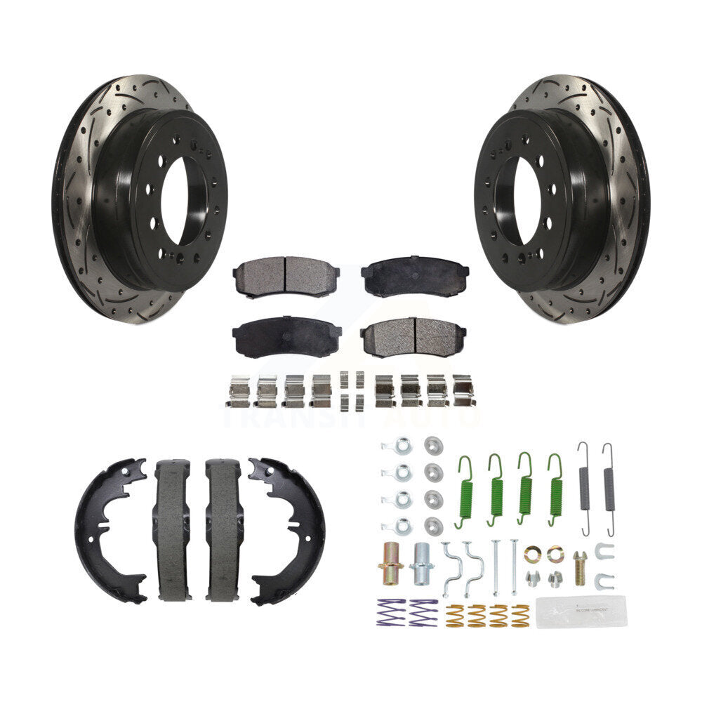 Transit Auto Rear Disc Drilled & Slotted Rotors Ceramic Pads Parking Brake Shoes And Hardware Kit For Toyota 4Runner Lexus GX460 FJ Cruiser KDT-102200