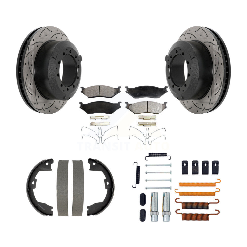 Transit Auto Rear Disc Drilled & Slotted Rotors Ceramic Pads Parking Shoes Hardware Kit For 2013 Ford F-450 Super Duty With 10 Lug Wheels Drum In Hat Brake Cab Chassis Only KDT-102201