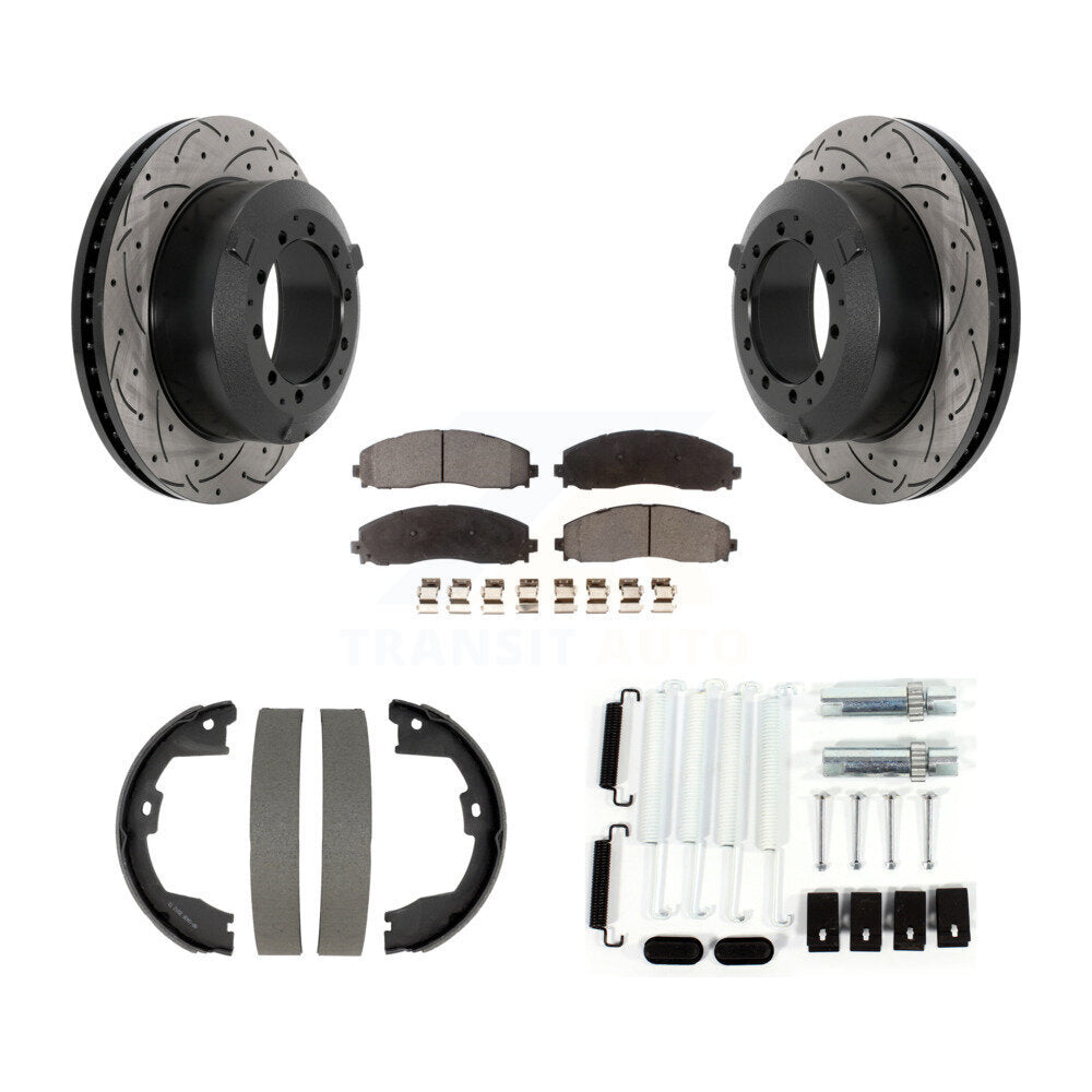 Transit Auto Rear Disc Drilled & Slotted Rotors Ceramic Pads Parking Brake Shoes And Hardware Kit For 2015-2016 Ford F-350 Super Duty Cab Chassis KDT-102202