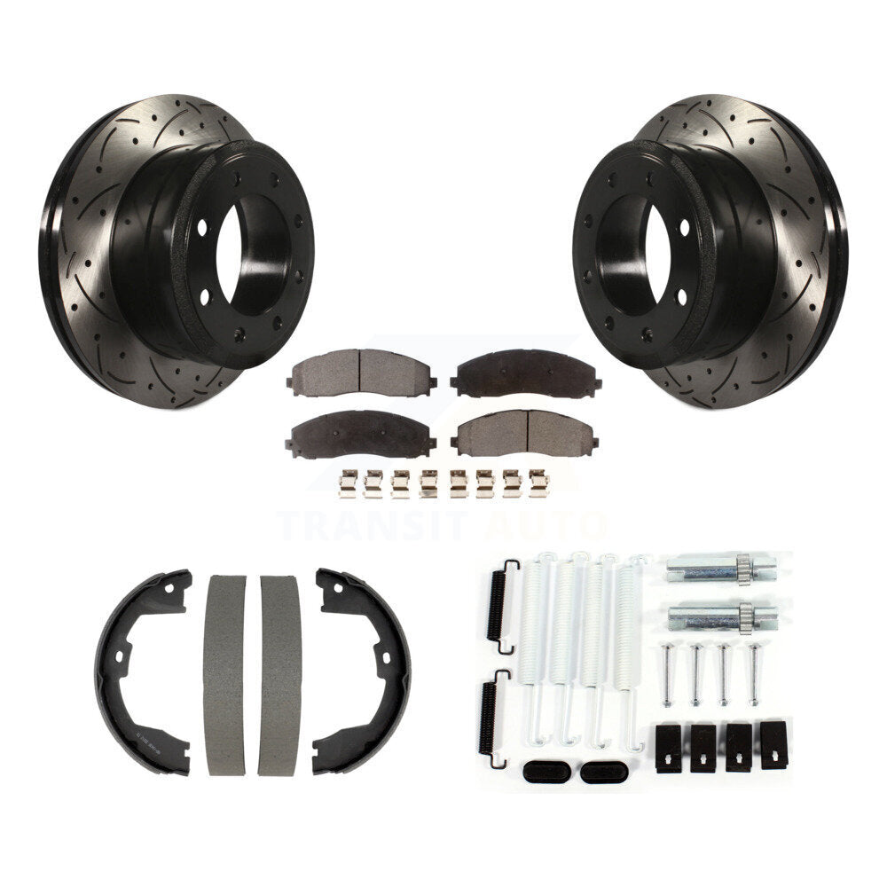 Transit Auto Rear Disc Drilled & Slotted Rotors Ceramic Pads Parking Brake Shoes And Hardware Kit For Ford F-350 Super Duty F-250 KDT-102203