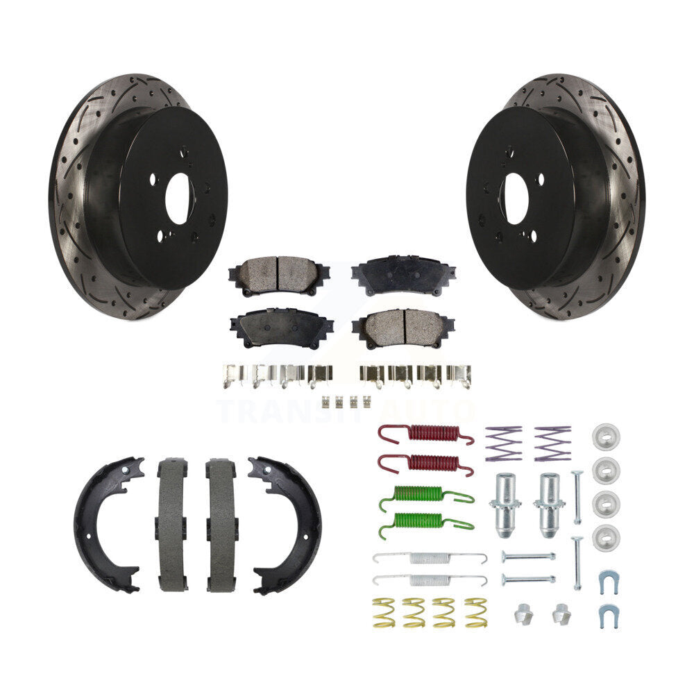 Transit Auto Rear Disc Drilled & Slotted Rotors Ceramic Pads Parking Brake Shoes And Hardware Kit For Toyota Highlander KDT-102205