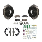 Transit Auto Rear Disc Drilled & Slotted Rotors Ceramic Pads Parking Brake Shoes And Hardware Kit For 2014 Toyota Highlander Hybrid Limited with FULL HYBRID EV-GAS (FHEV) engine KDT-102206
