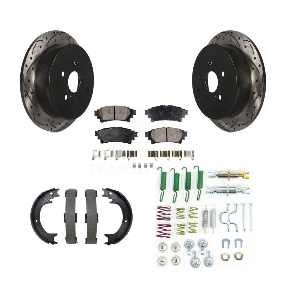 Transit Auto Rear Disc Drilled & Slotted Rotors Ceramic Pads Parking Brake Shoes And Hardware Kit For 2014 Toyota Highlander Hybrid LE XLE with FULL HYBRID EV-GAS (FHEV) engine KDT-102207