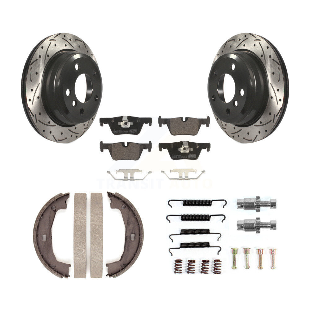 Transit Auto Rear Disc Drilled & Slotted Rotors Ceramic Pads Parking Brake Shoes And Hardware Kit For 2015-2016 BMW 428i xDrive Convertible With 300mm Diameter Rotor KDT-102208
