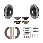 Transit Auto Rear Disc Drilled & Slotted Rotors Ceramic Pads Parking Brake Shoes And Hardware Kit For 2015-2016 BMW 428i xDrive Convertible With 330mm Diameter Rotor KDT-102209