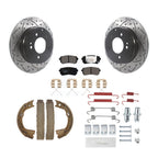 Transit Auto Rear Disc Drilled & Slotted Rotors Ceramic Pads Parking Brake Shoes And Hardware Kit For 2016 Kia Optima FULL HYBRID EV-GAS (FHEV) engine With Manual KDT-102210